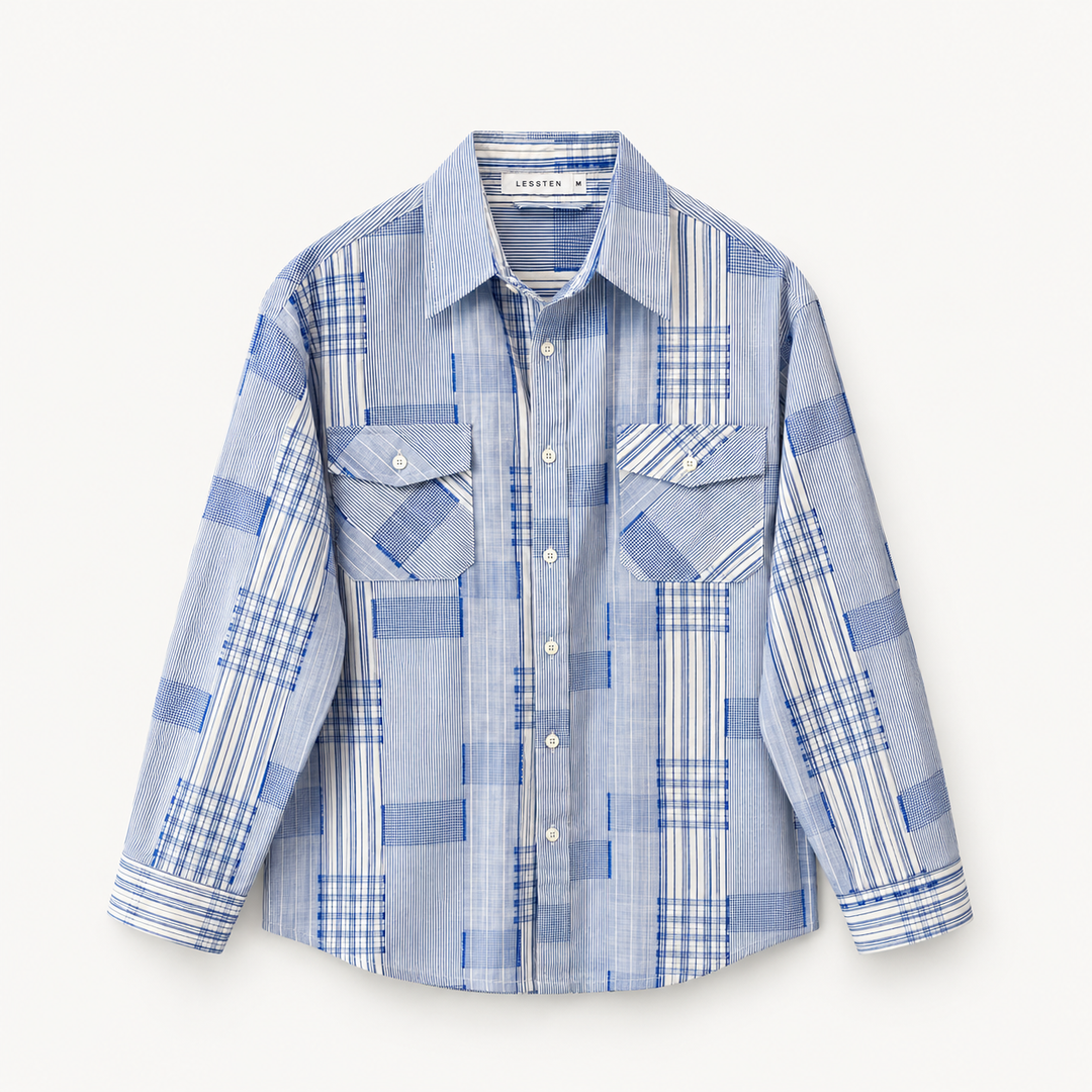 LESSTEN SHIRT PATCHWORK BLUE WHITE