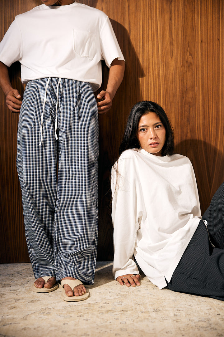 LESSTEN PANTS MICRO CHECK NAVY WHITE