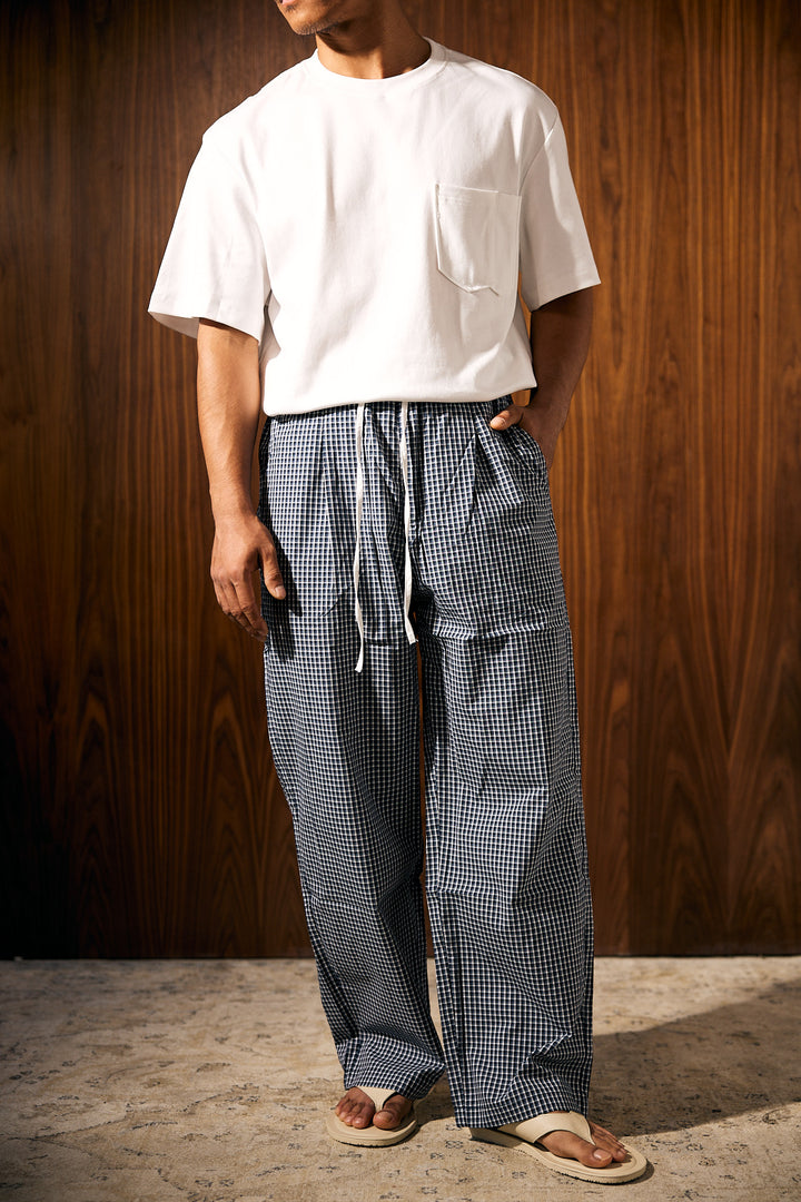 LESSTEN PANTS MICRO CHECK NAVY WHITE