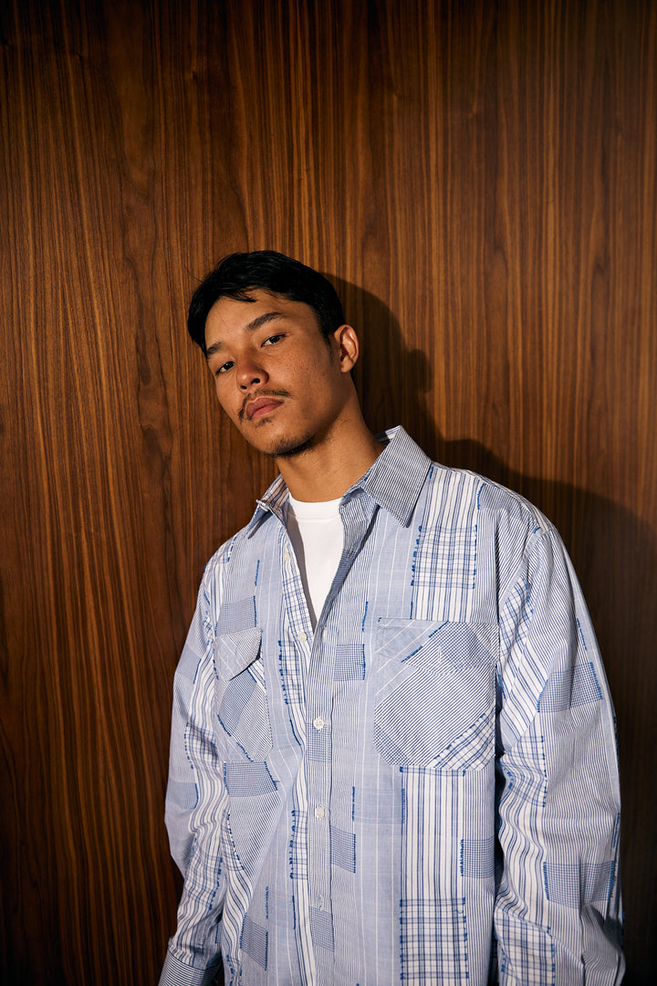 LESSTEN SHIRT PATCHWORK BLUE WHITE