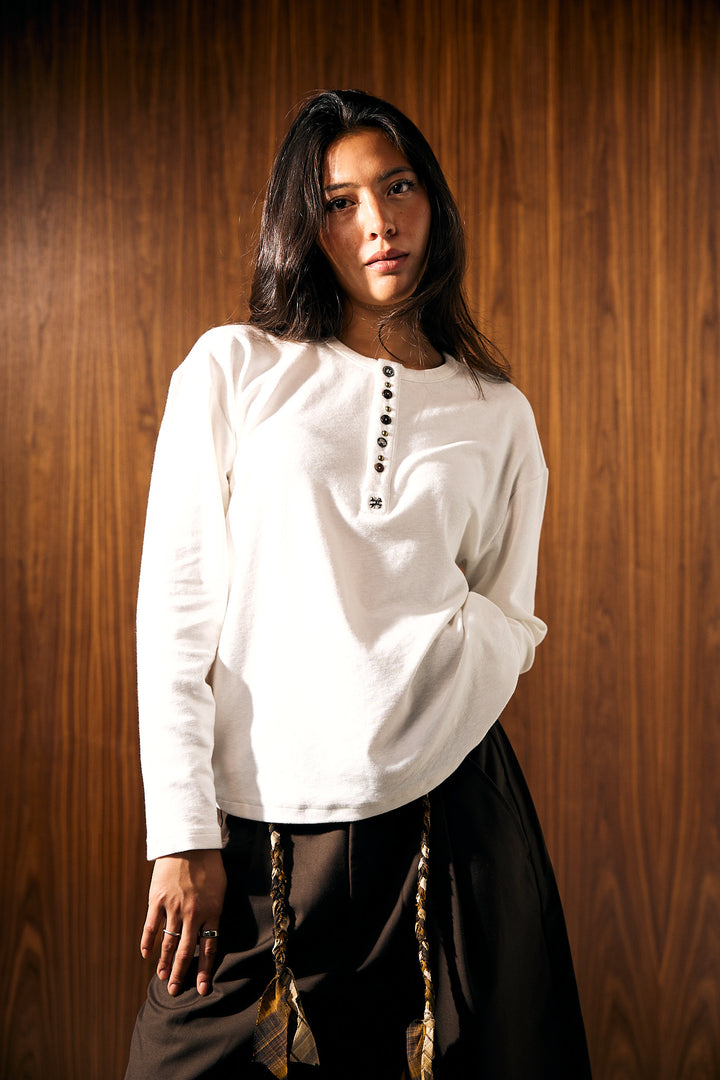 LESSTEN T SHIRT HENLEY OFF WHITE