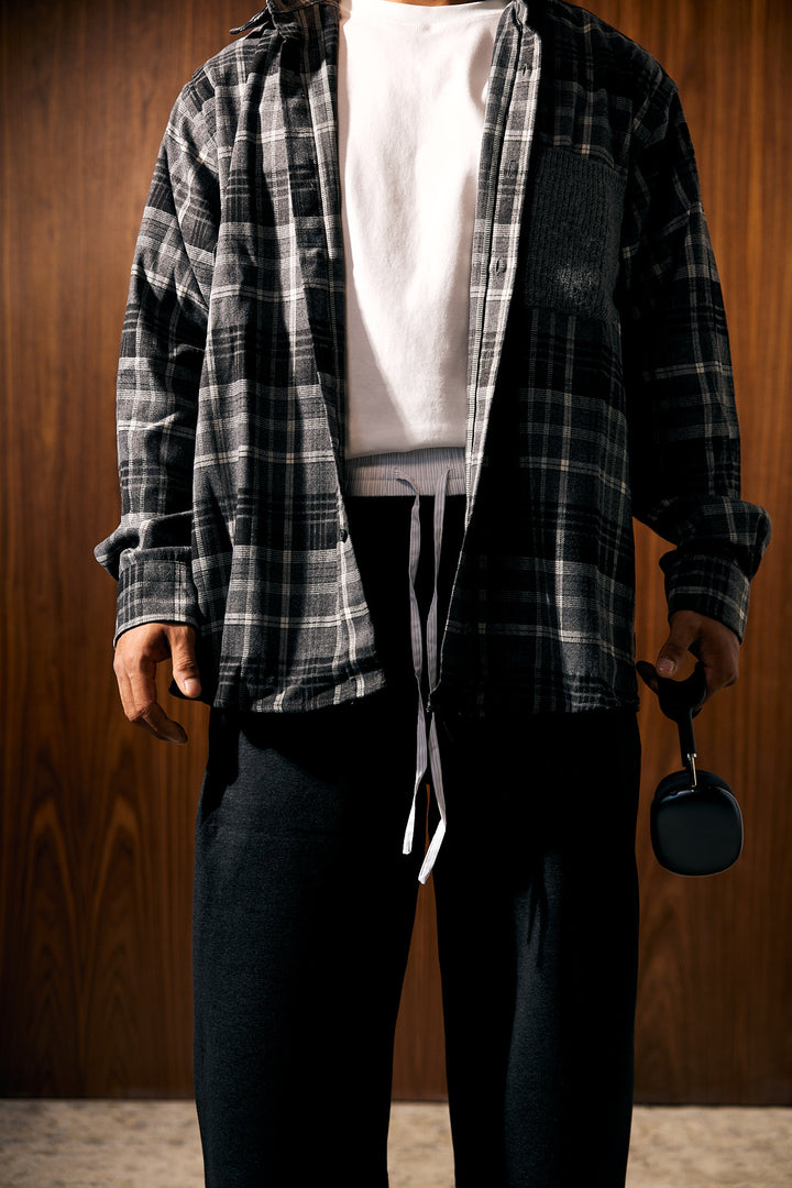 LESSTEN SHIRT CHECK KNIT POCKET GREY