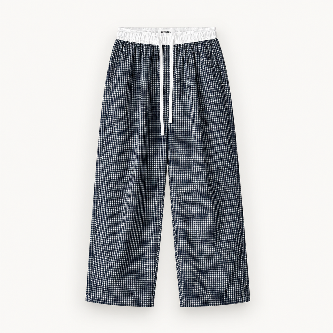 LESSTEN PANTS MICRO CHECK NAVY WHITE