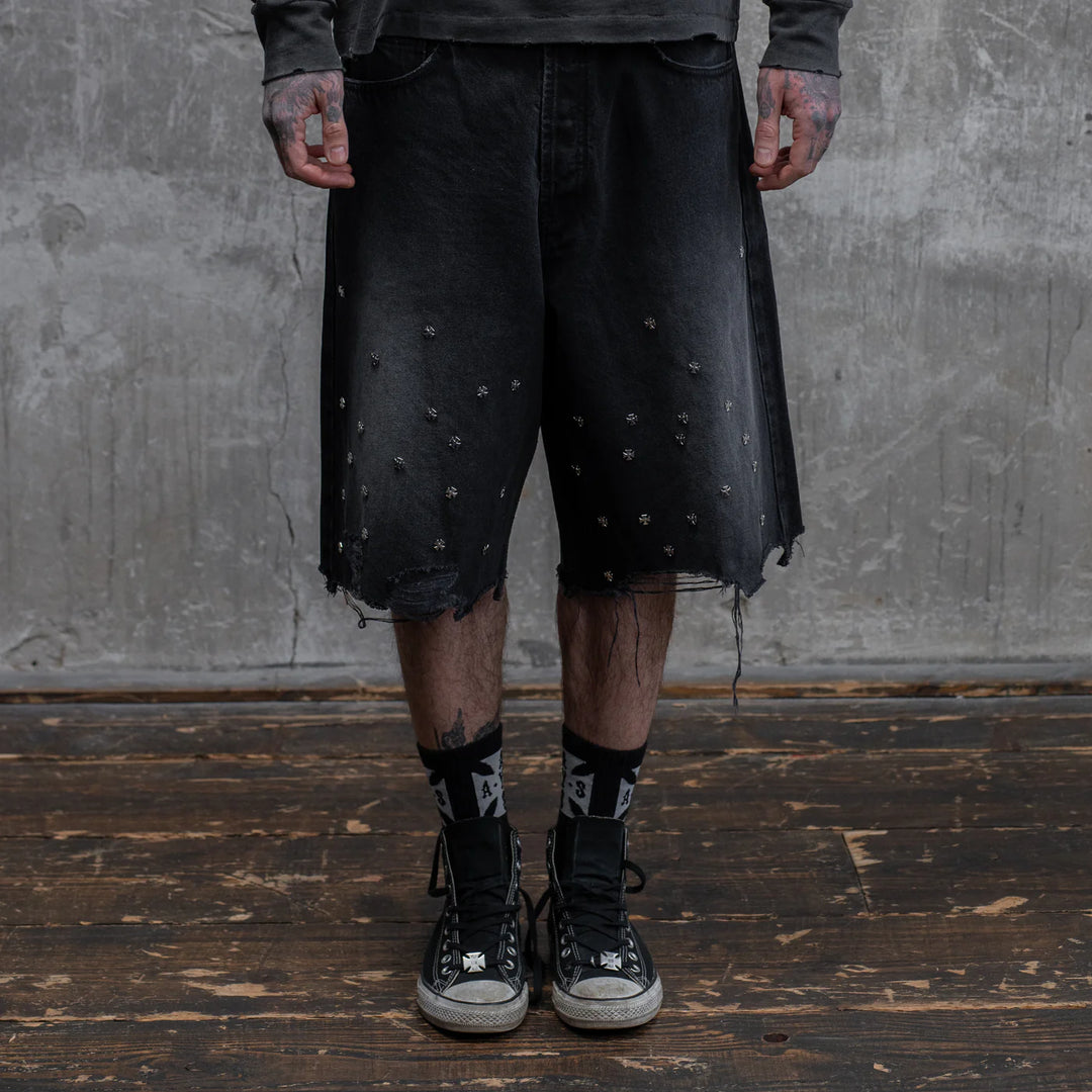 ASKYURSELF CROSS PIN BAGGY JEANS SHORTS